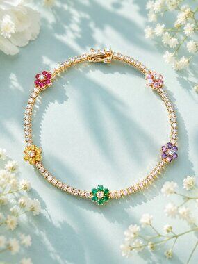 Beautiful Jeweltone Flowers Lab created Gemstones Tennis Bracelet